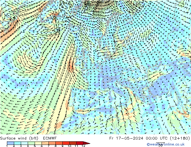 Wind 10 m (bft) ECMWF vr 17.05.2024 00 UTC