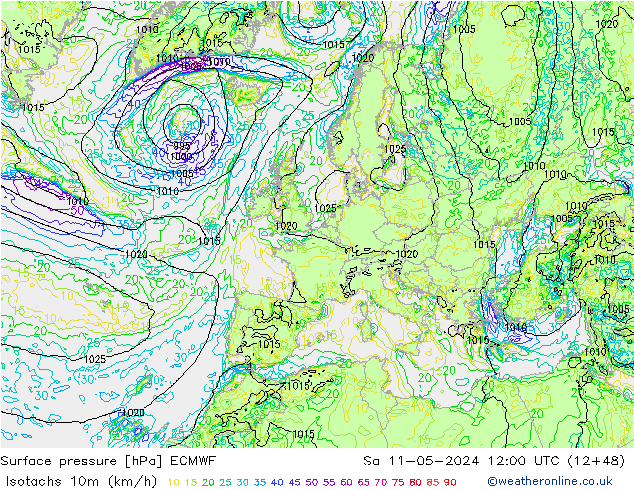 Isotachs (kph) ECMWF sab 11.05.2024 12 UTC