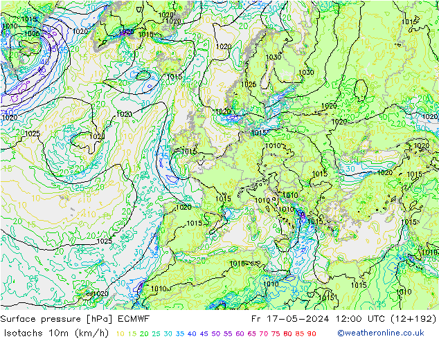 Isotachs (kph) ECMWF Fr 17.05.2024 12 UTC