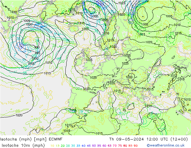Isotachen (mph) ECMWF Do 09.05.2024 12 UTC
