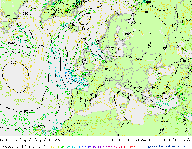 Isotachen (mph) ECMWF Mo 13.05.2024 12 UTC
