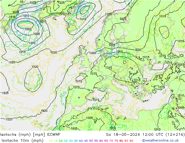 Isotachs (mph) ECMWF Sáb 18.05.2024 12 UTC