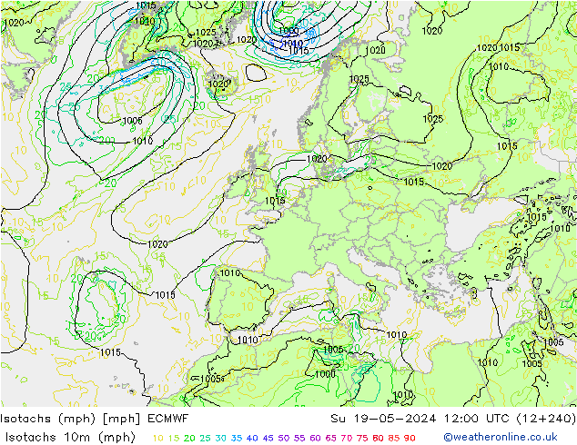 Isotachs (mph) ECMWF dom 19.05.2024 12 UTC