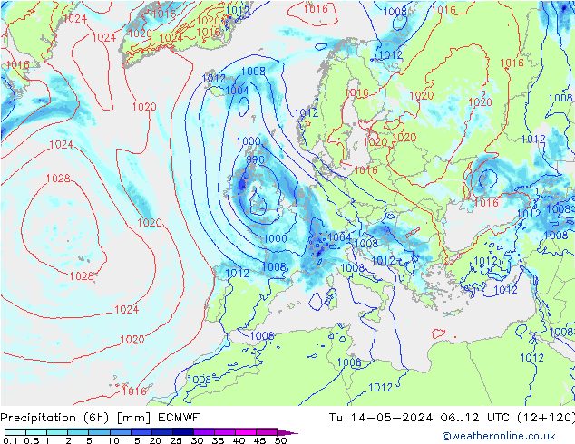 Z500/Rain (+SLP)/Z850 ECMWF Ter 14.05.2024 12 UTC