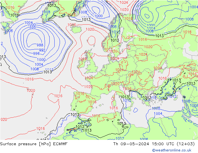 Atmosférický tlak ECMWF Čt 09.05.2024 15 UTC