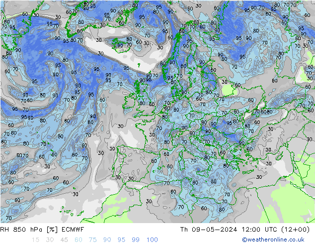 Humidité rel. 850 hPa ECMWF jeu 09.05.2024 12 UTC