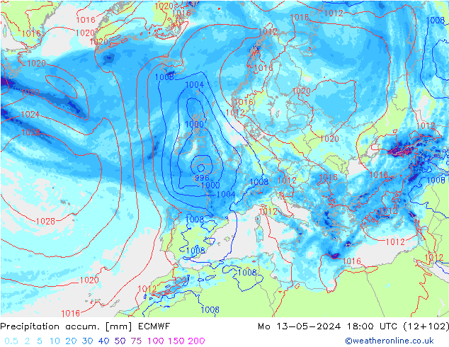 Precipitation accum. ECMWF Mo 13.05.2024 18 UTC