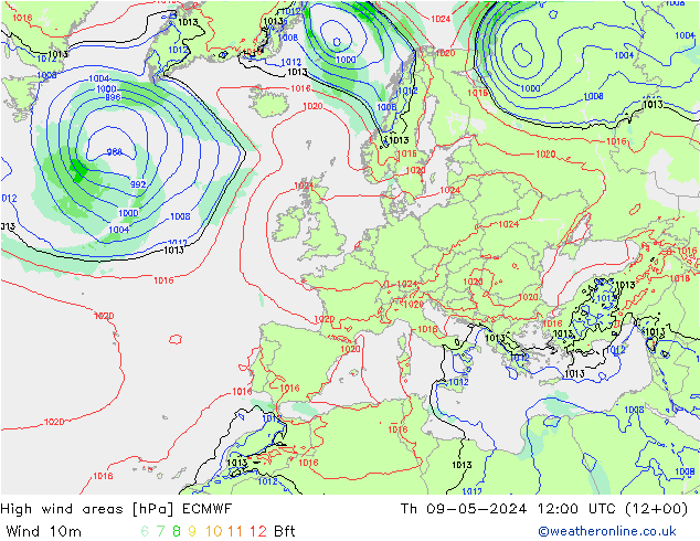 High wind areas ECMWF jeu 09.05.2024 12 UTC