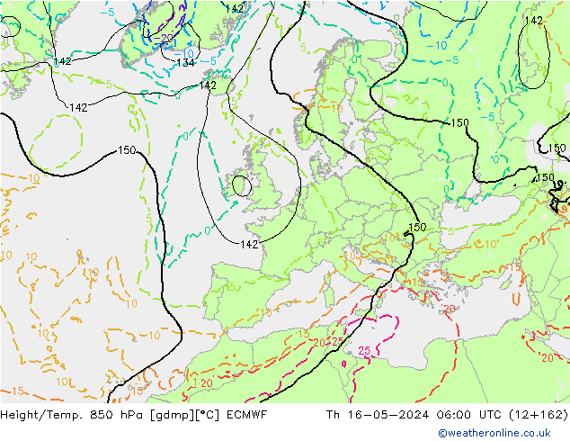 Hoogte/Temp. 850 hPa ECMWF do 16.05.2024 06 UTC