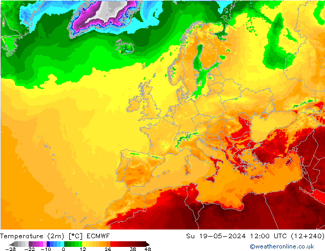 Temperaturkarte (2m) ECMWF So 19.05.2024 12 UTC
