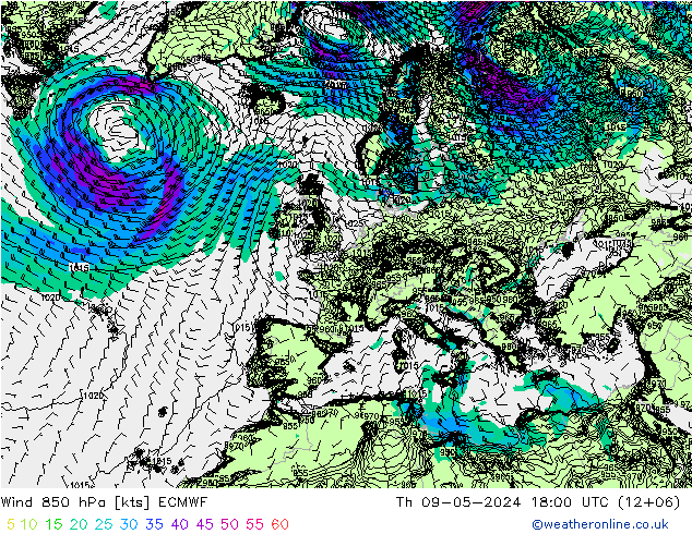 风 850 hPa ECMWF 星期四 09.05.2024 18 UTC