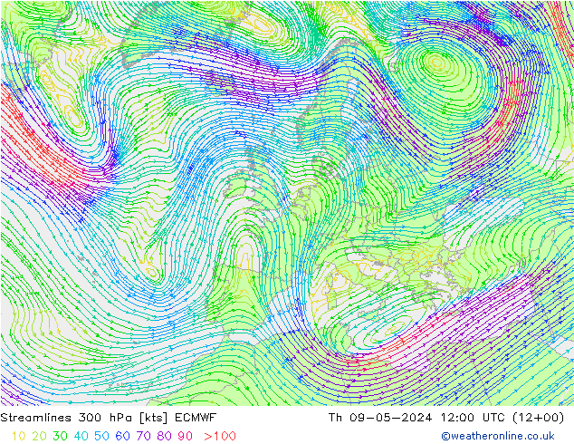 Streamlines 300 hPa ECMWF Th 09.05.2024 12 UTC