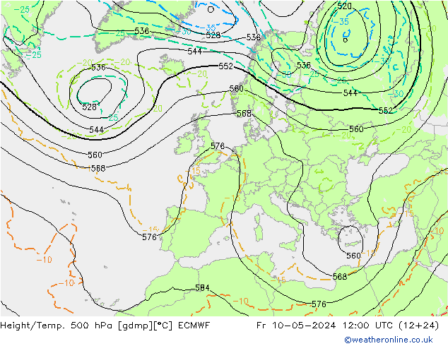 Z500/Rain (+SLP)/Z850 ECMWF Fr 10.05.2024 12 UTC