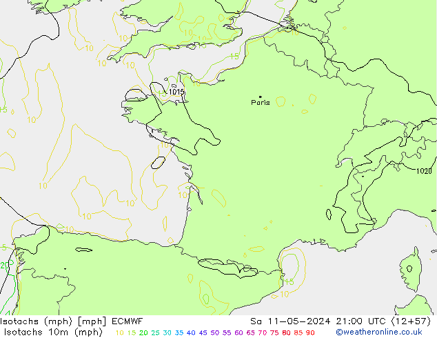 Isotachs (mph) ECMWF Sa 11.05.2024 21 UTC