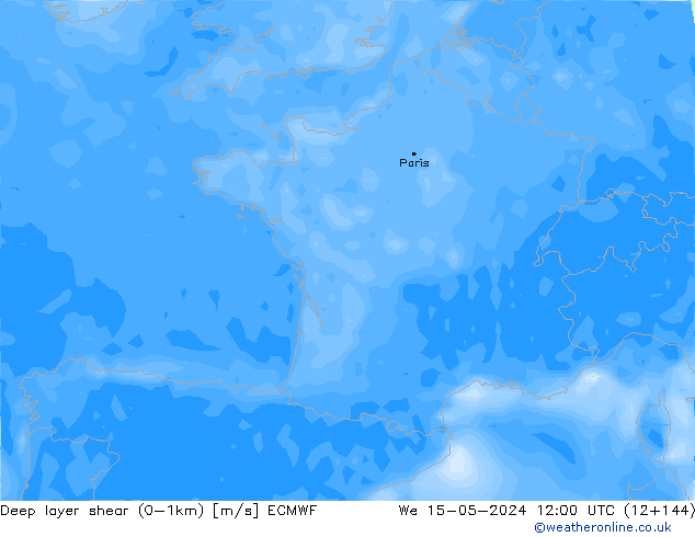 Deep layer shear (0-1km) ECMWF śro. 15.05.2024 12 UTC