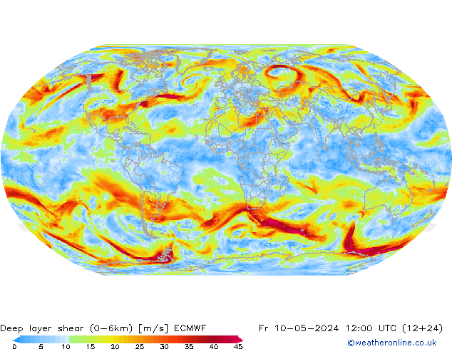 Deep layer shear (0-6km) ECMWF vie 10.05.2024 12 UTC