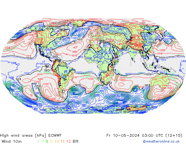High wind areas ECMWF Pá 10.05.2024 03 UTC