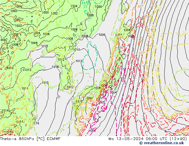 Theta-e 850hPa ECMWF Seg 13.05.2024 06 UTC