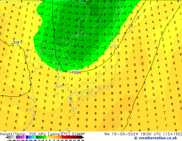 Height/Temp. 700 hPa ECMWF We 15.05.2024 18 UTC