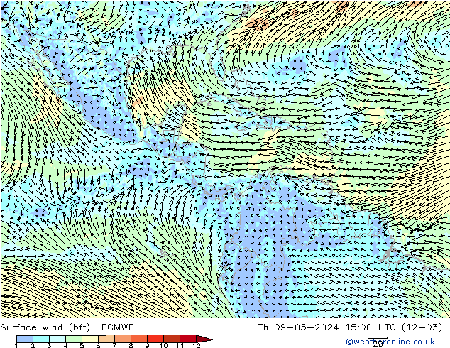 Surface wind (bft) ECMWF Th 09.05.2024 15 UTC