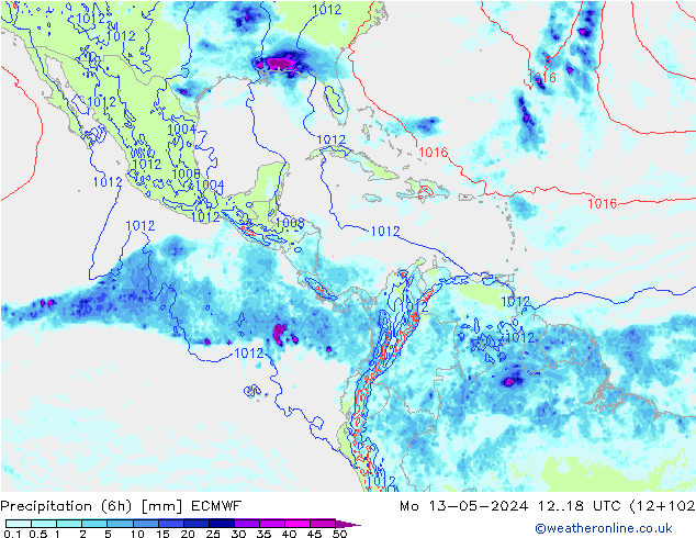 Totale neerslag (6h) ECMWF ma 13.05.2024 18 UTC