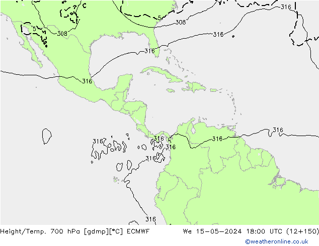 Height/Temp. 700 hPa ECMWF Qua 15.05.2024 18 UTC