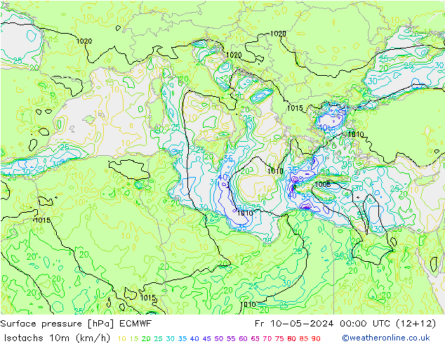 Isotaca (kph) ECMWF vie 10.05.2024 00 UTC