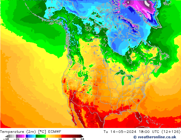 Temperature (2m) ECMWF Út 14.05.2024 18 UTC