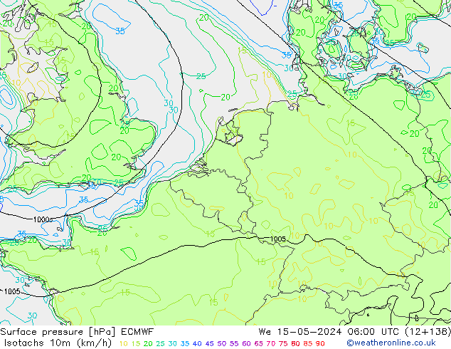 Isotachen (km/h) ECMWF wo 15.05.2024 06 UTC