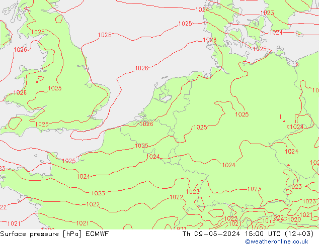 Presión superficial ECMWF jue 09.05.2024 15 UTC