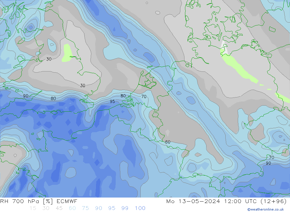 RH 700 hPa ECMWF Mo 13.05.2024 12 UTC