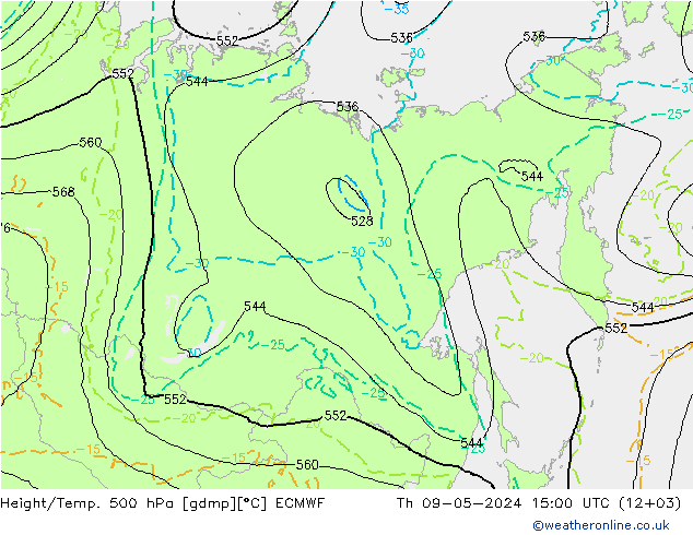 Geop./Temp. 500 hPa ECMWF jue 09.05.2024 15 UTC