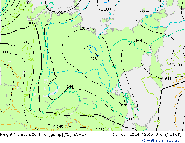 Z500/Rain (+SLP)/Z850 ECMWF jue 09.05.2024 18 UTC