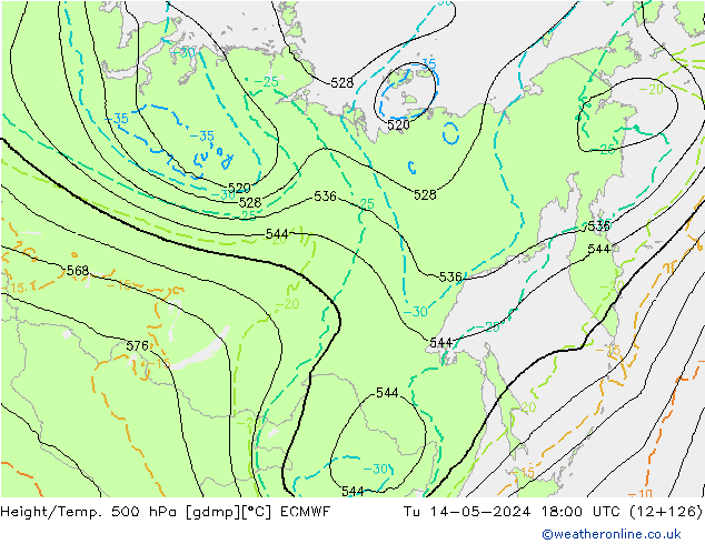 Z500/Yağmur (+YB)/Z850 ECMWF Sa 14.05.2024 18 UTC