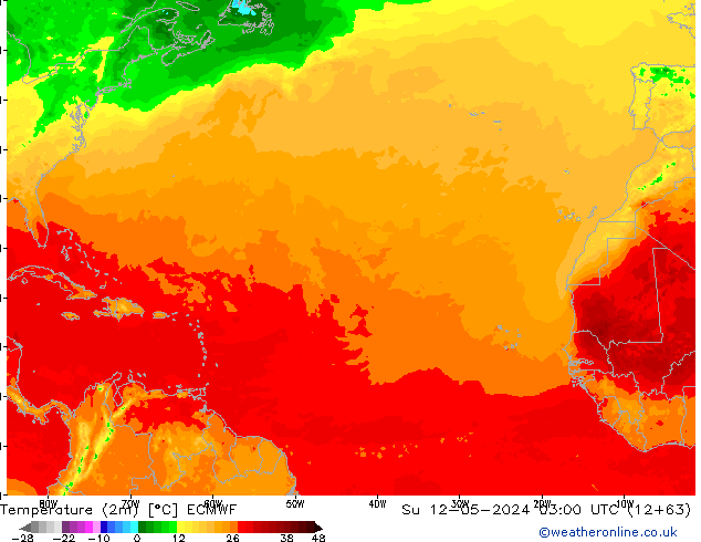 mapa temperatury (2m) ECMWF nie. 12.05.2024 03 UTC