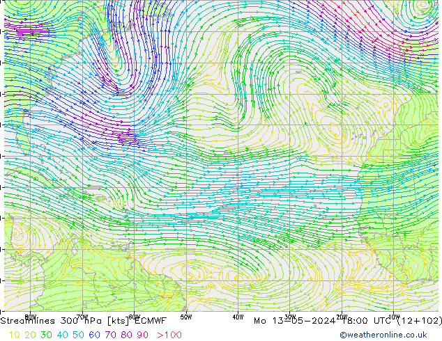 Linea di flusso 300 hPa ECMWF lun 13.05.2024 18 UTC