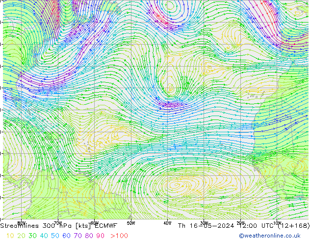 Linea di flusso 300 hPa ECMWF gio 16.05.2024 12 UTC