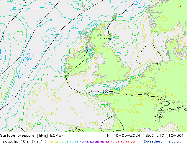 Isotachen (km/h) ECMWF vr 10.05.2024 18 UTC