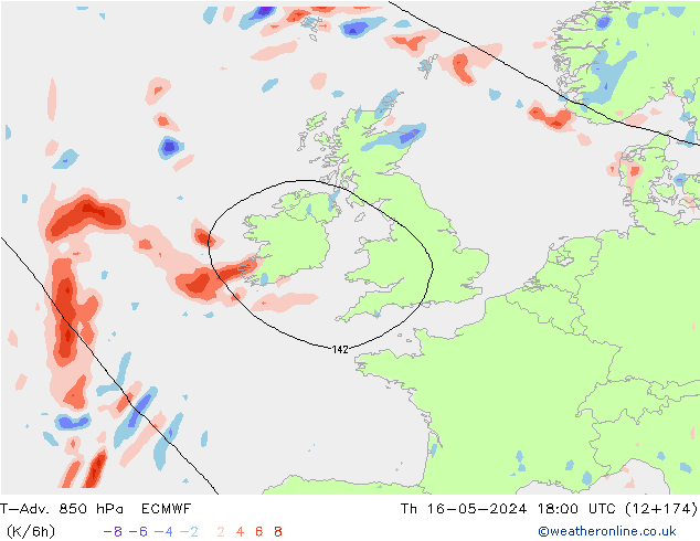 T-Adv. 850 hPa ECMWF czw. 16.05.2024 18 UTC