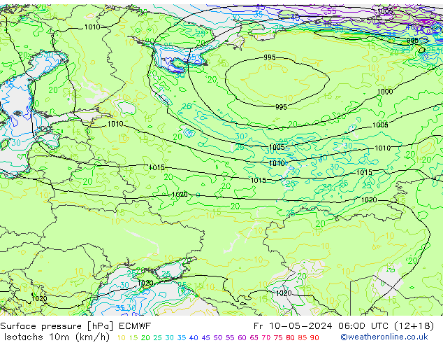 Isotachs (kph) ECMWF Fr 10.05.2024 06 UTC