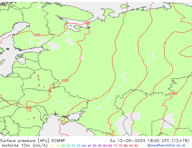 Isotachs (kph) ECMWF  12.05.2024 18 UTC