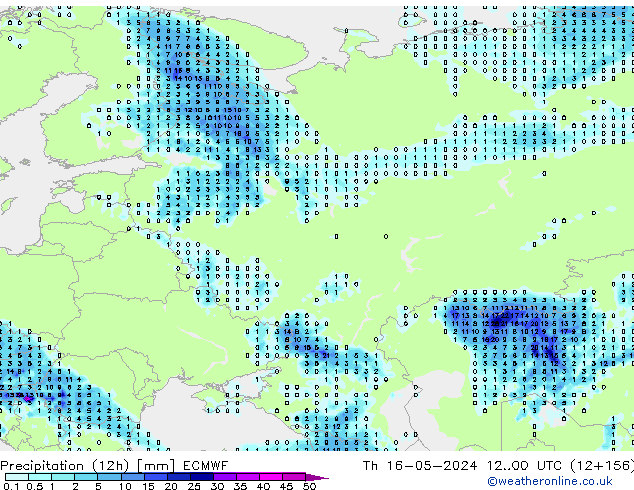 Totale neerslag (12h) ECMWF do 16.05.2024 00 UTC