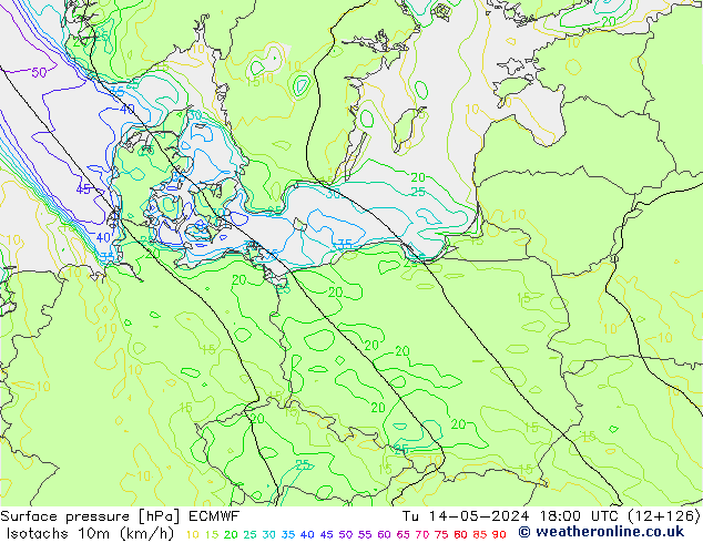 Isotaca (kph) ECMWF mar 14.05.2024 18 UTC