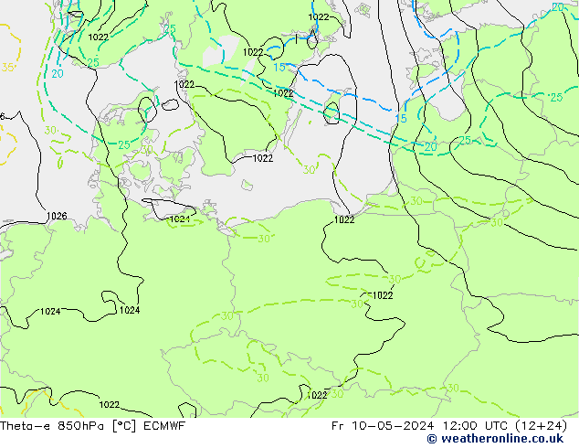Theta-e 850hPa ECMWF Cu 10.05.2024 12 UTC