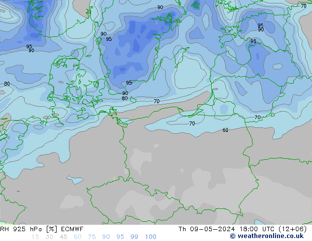 Humidité rel. 925 hPa ECMWF jeu 09.05.2024 18 UTC