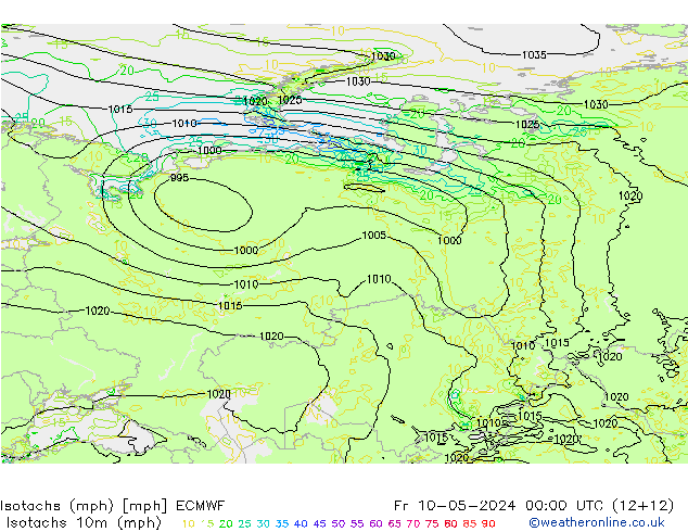 Isotachs (mph) ECMWF Pá 10.05.2024 00 UTC