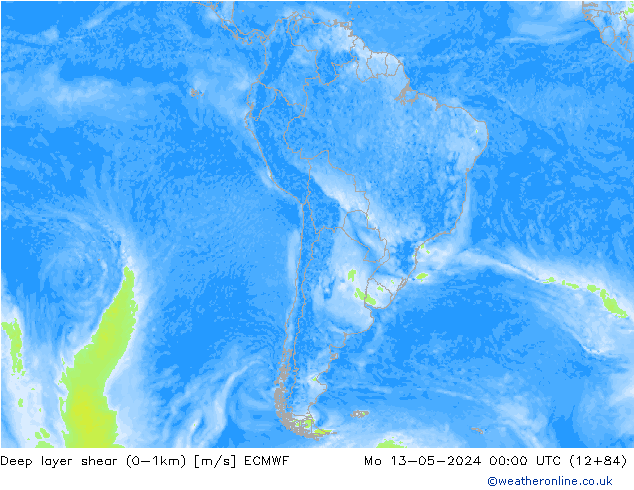 Deep layer shear (0-1km) ECMWF Mo 13.05.2024 00 UTC