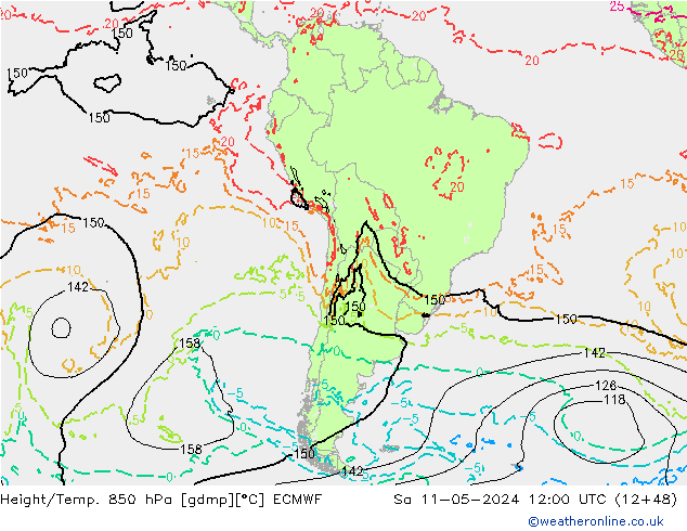 Géop./Temp. 850 hPa ECMWF sam 11.05.2024 12 UTC
