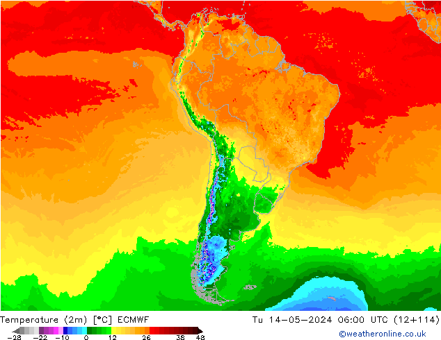 mapa temperatury (2m) ECMWF wto. 14.05.2024 06 UTC
