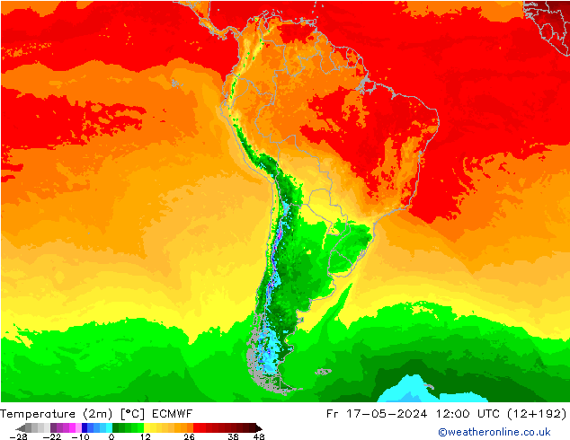 Temperature (2m) ECMWF Pá 17.05.2024 12 UTC